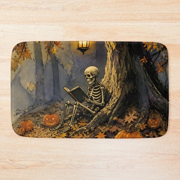 Item preview, Cozy Skeleton Reading Book in Autumn Forest Halloween Art designed and sold by GrinGalore.