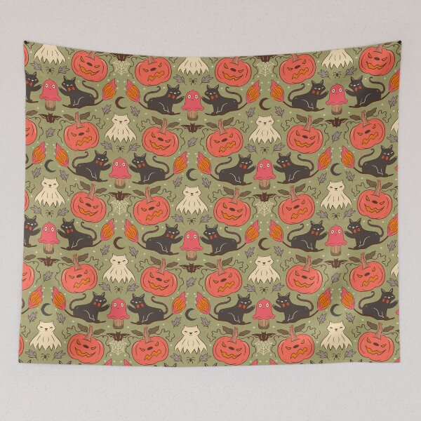 Item preview, Spooky Cute Haunted Halloween Black Cats Witchy Ghosts Bats Creepy Pumpkins Green designed and sold by Prajakta  Rao.