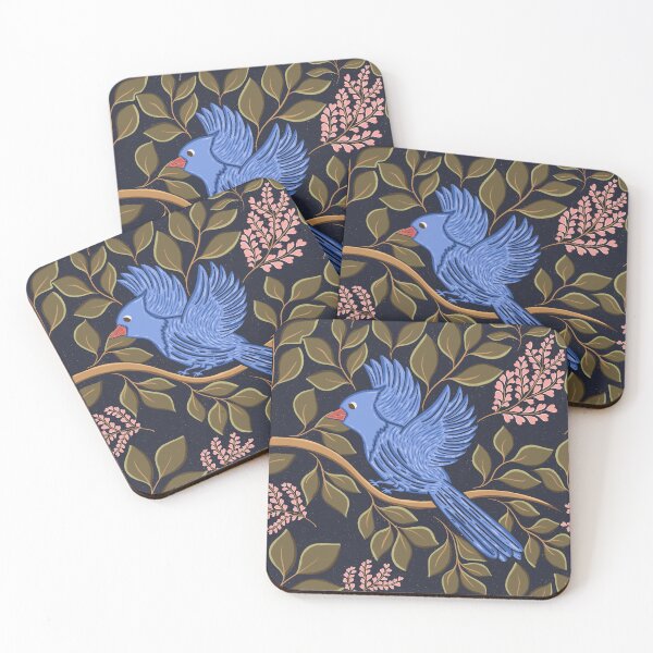 Item preview, Blue jay art // bluejays bird // blue jay bird // Midnight Blue Birds and Pink Heart Blossoms Botanical designed and sold by DColourMuse.
