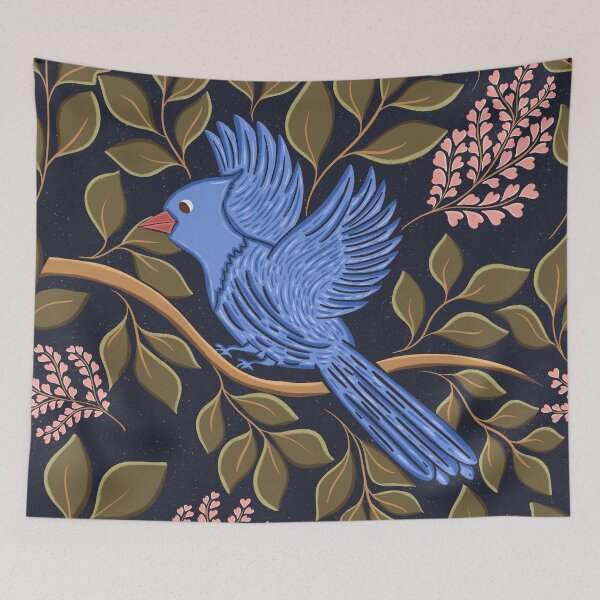 Item preview, Blue jay art // bluejays bird // blue jay bird // Midnight Blue Birds and Pink Heart Blossoms Botanical designed and sold by DColourMuse.