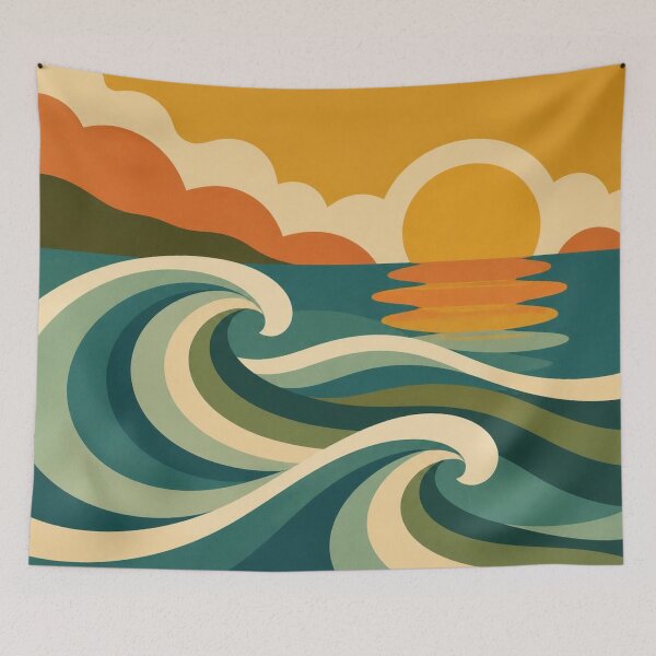 Item preview, Retro Ocean Waves Sunset Mid Century Seascape designed and sold by EpicGear085.