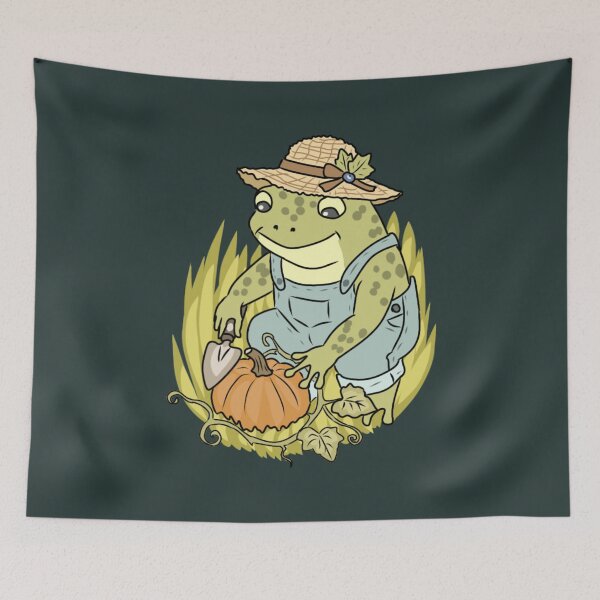 Item preview, Cottagecore Autumn Frog Gardener with Pumpkin  designed and sold by LeshanArt.