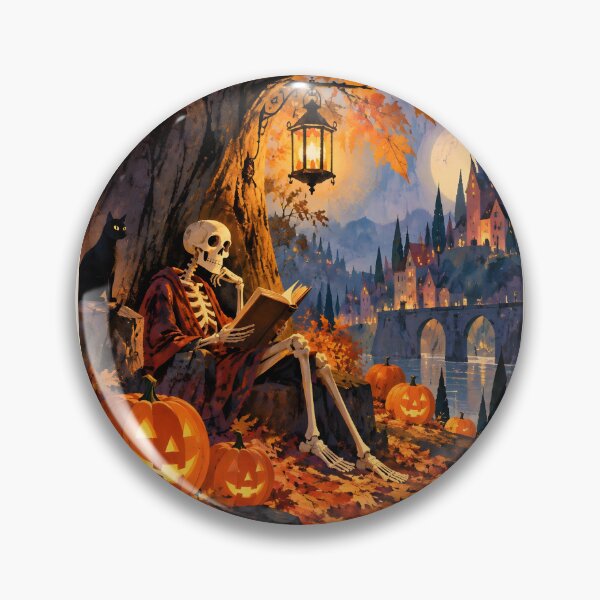 Item preview, Cozy Skeleton Reading Black Cat Castle Halloween Art designed and sold by GrinGalore.