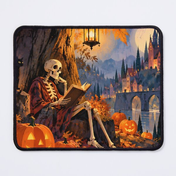 Item preview, Cozy Skeleton Reading Black Cat Castle Halloween Art designed and sold by GrinGalore.