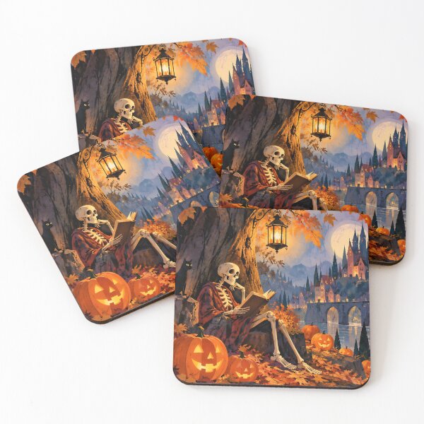 Item preview, Cozy Skeleton Reading Black Cat Castle Halloween Art designed and sold by GrinGalore.