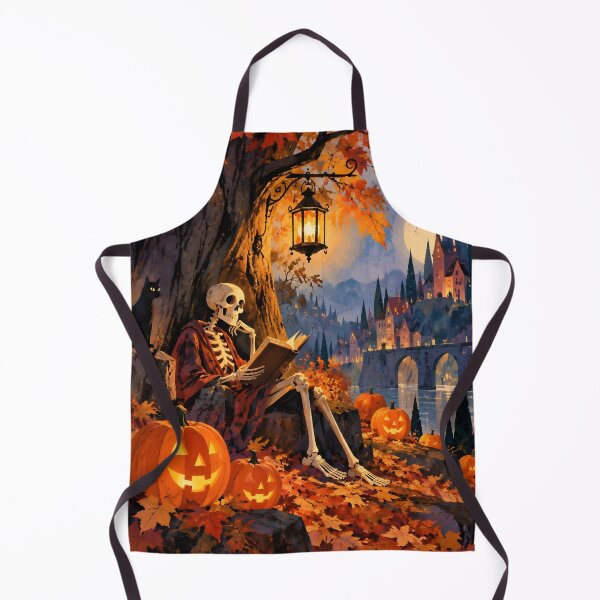 Item preview, Cozy Skeleton Reading Black Cat Castle Halloween Art designed and sold by GrinGalore.