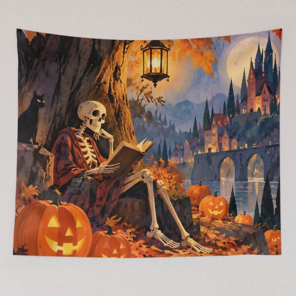 Item preview, Cozy Skeleton Reading Black Cat Castle Halloween Art designed and sold by GrinGalore.