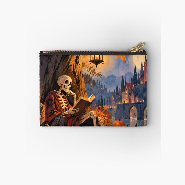 Item preview, Cozy Skeleton Reading Black Cat Castle Halloween Art designed and sold by GrinGalore.