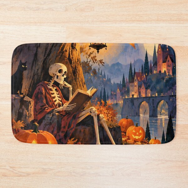 Item preview, Cozy Skeleton Reading Black Cat Castle Halloween Art designed and sold by GrinGalore.