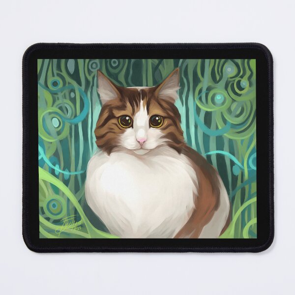 Item preview, Whimsical Cat Portrait with Green Swirls designed and sold by elijbclaude.