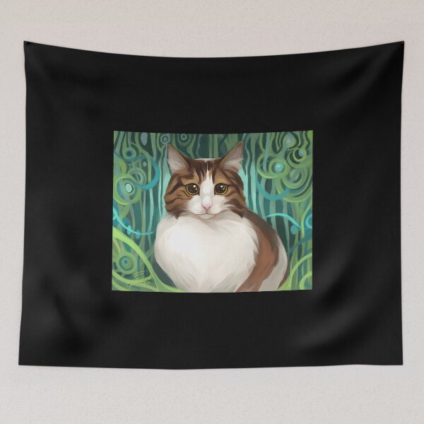 Item preview, Whimsical Cat Portrait with Green Swirls designed and sold by elijbclaude.