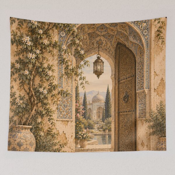 Item preview, Vintage Mughal Arch Gateway Oil Painting Warm Ochre designed and sold by Jozefin's Studio.