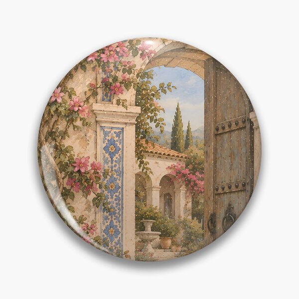 Item preview, Vintage Mediterranean Arch Oil Painting Floral Courtyard designed and sold by Jozefin's Studio.
