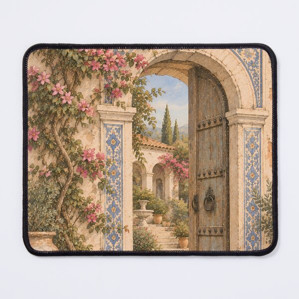 Item preview, Vintage Mediterranean Arch Oil Painting Floral Courtyard designed and sold by Jozefin's Studio.