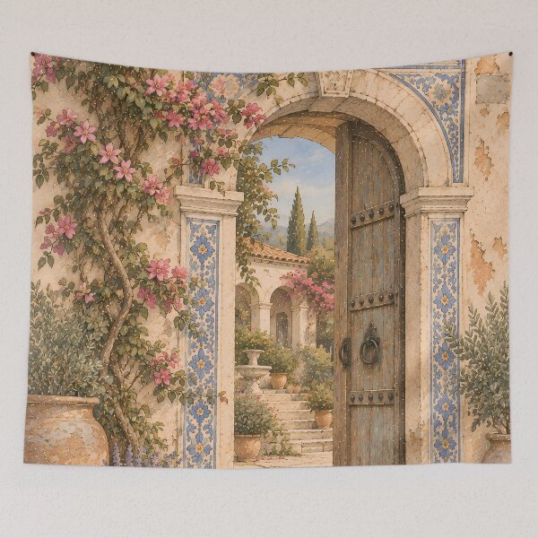 Item preview, Vintage Mediterranean Arch Oil Painting Floral Courtyard designed and sold by Jozefin's Studio.