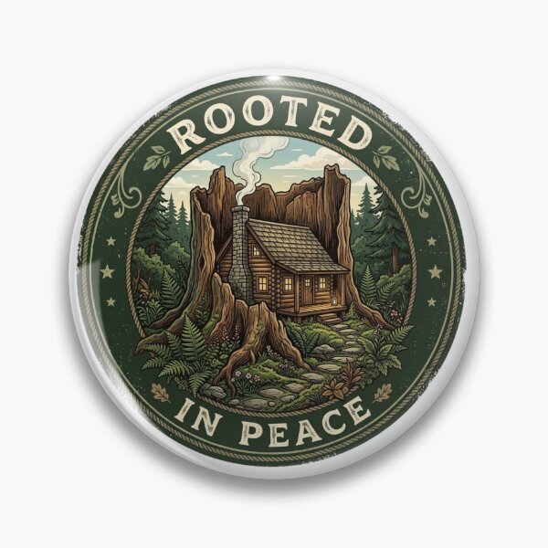 Item preview, Rooted in Peace Cozy Cabin Tree Stump Forest Cottagecore Nature Badge designed and sold by Sanan Israyilli.