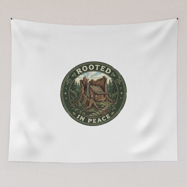 Item preview, Rooted in Peace Cozy Cabin Tree Stump Forest Cottagecore Nature Badge designed and sold by Sanan Israyilli.