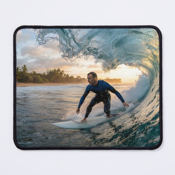 Item preview, A male surfer rides inside a glowing ocean barrel wave at sunset designed and sold by homydesign.