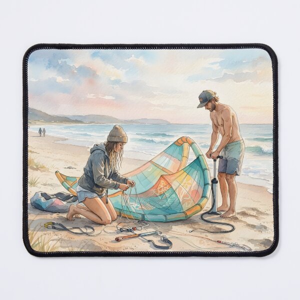 Item preview, A watercolor painting of a couple preparing a kite on the beach designed and sold by homydesign.