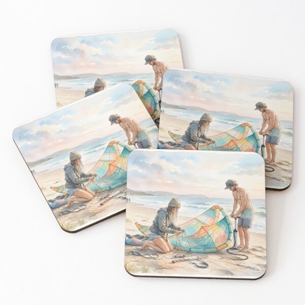 Item preview, A watercolor painting of a couple preparing a kite on the beach designed and sold by homydesign.