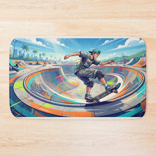 Item preview, Skateboarder carving in a colorful skatepark bowl designed and sold by homydesign.