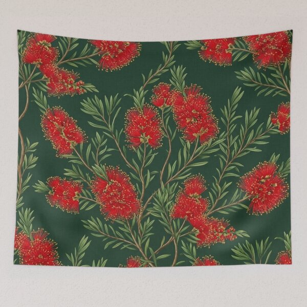 Item preview, Scarlet Australian Native Wildflowers on Deep Green designed and sold by Studio BC.