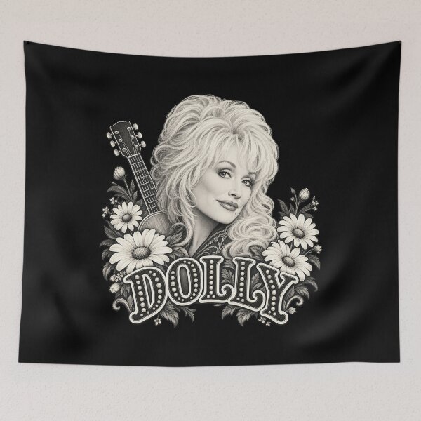 Item preview, Dolly Parton Pearl Lettering Daisies Guitar Black White Portrait designed and sold by choudane.