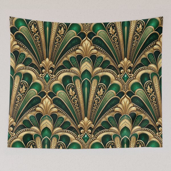 Item preview, Emerald Green and Gold Art Deco Fan Pattern designed and sold by SmilingAnny.