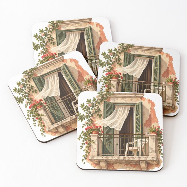 Artikelvorschau, Scenic Mediterranean Balcony with Flowers Illustration entworfen und verkauft von VisualLine.al.