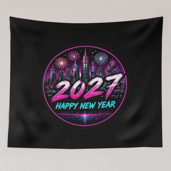Item preview, Cyberpunk 2027 Happy New Year Neon City Skyline designed and sold by LazyDayzCo.
