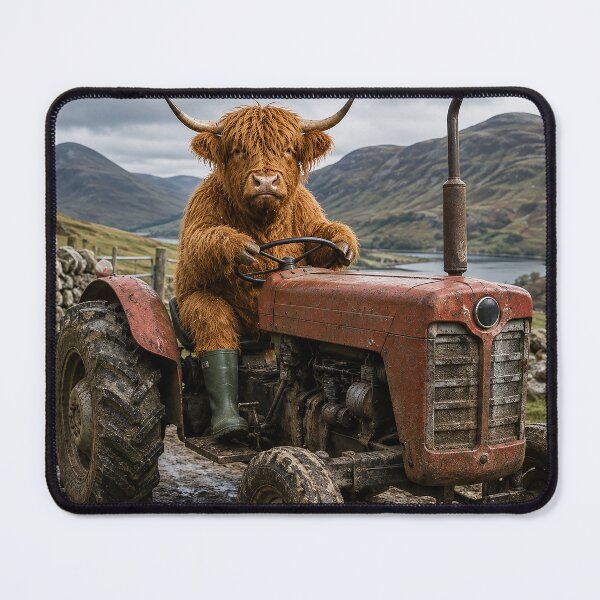 Item preview, Funny Highland Cow Driving a Tractor - Scottish Highland Farm Art designed and sold by Collymore.
