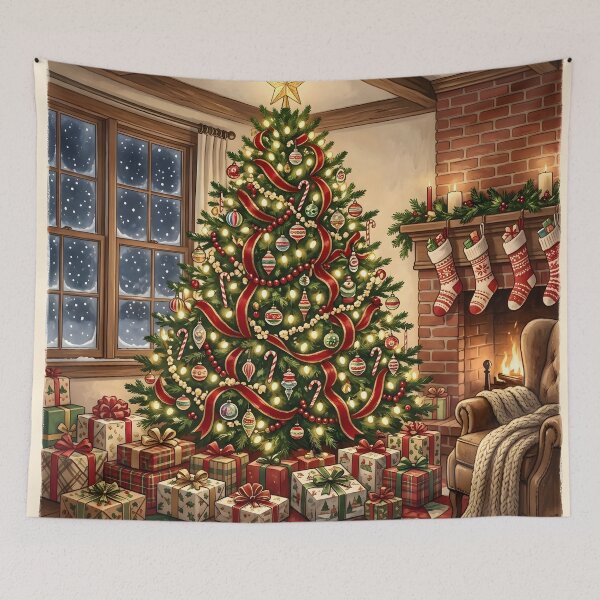 Item preview, Cozy Fireside Christmas Tree with Stockings and Gifts designed and sold by Sybille-Yates.