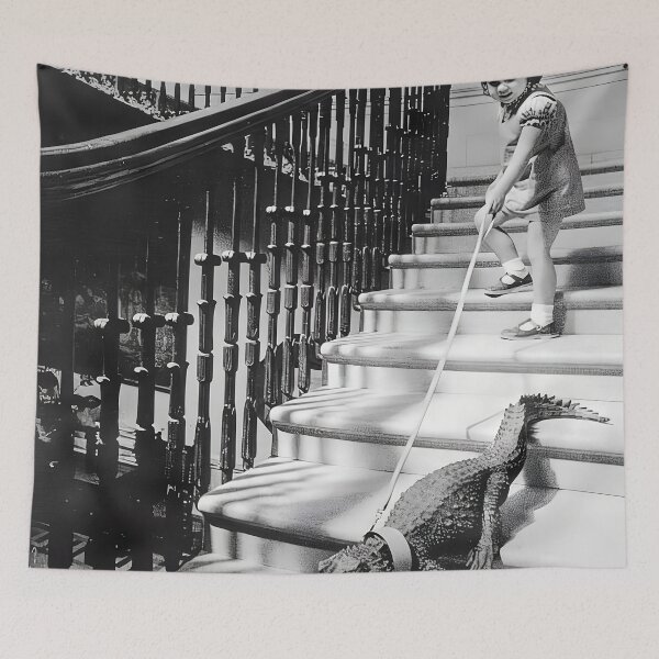 Item preview, Little girl walking alligator funny girl power vintage black and white photograph  designed and sold by Astrid Arkhangelsky.