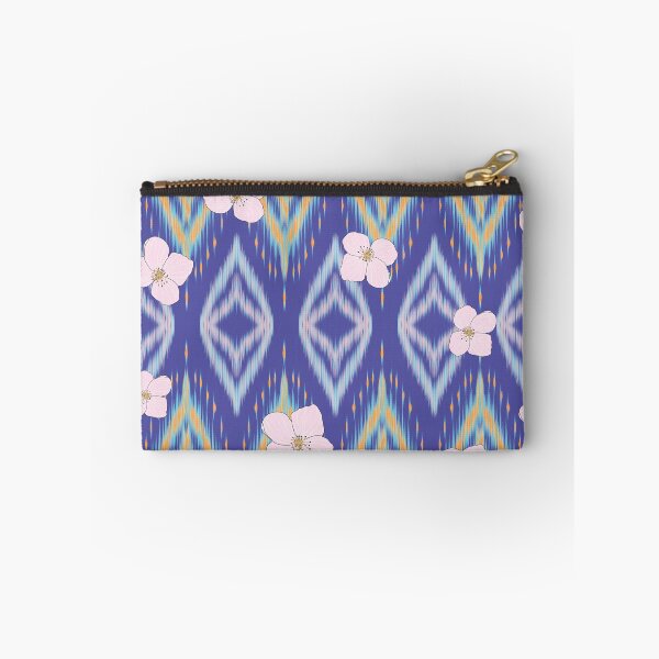 Item preview, Ikat Inspired Geometric Floral Textile Pattern with Pink Blossoms on Blue Background designed and sold by Jeffrey-Jeffrey.