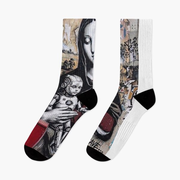 Item preview, Banksy Style AI Robot Madonna Street Art Graffiti Poster designed and sold by DMarquiseArt.