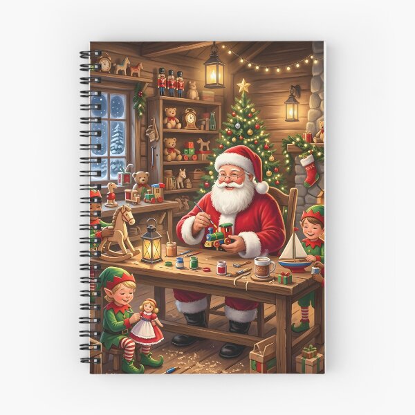 Item preview, Santa Claus and Elves Cozy Christmas Toy Workshop Illustration designed and sold by Sybille-Yates.