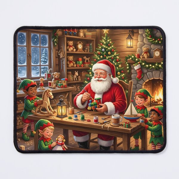 Item preview, Santa Claus and Elves Cozy Christmas Toy Workshop Illustration designed and sold by Sybille-Yates.