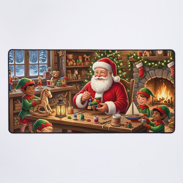 Item preview, Santa Claus and Elves Cozy Christmas Toy Workshop Illustration designed and sold by Sybille-Yates.