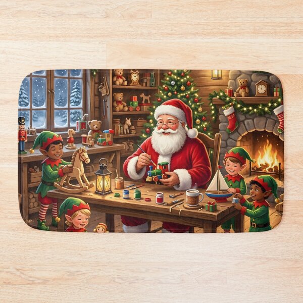Item preview, Santa Claus and Elves Cozy Christmas Toy Workshop Illustration designed and sold by Sybille-Yates.