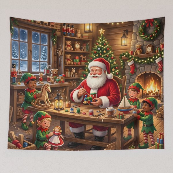 Item preview, Santa Claus and Elves Cozy Christmas Toy Workshop Illustration designed and sold by Sybille-Yates.