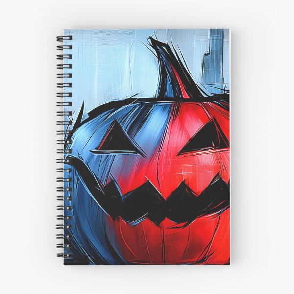 Item preview, Menacing Jack O Lantern in Vibrant Red and Blue Against a Modern City Skyline for Halloween Night designed and sold by OlfactoART Studio.