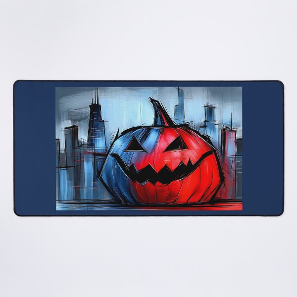 Item preview, Menacing Jack O Lantern in Vibrant Red and Blue Against a Modern City Skyline for Halloween Night designed and sold by OlfactoART Studio.