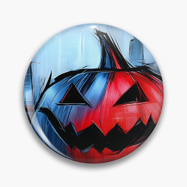 Item preview, Menacing Jack O Lantern in Vibrant Red and Blue Against a Modern City Skyline for Halloween Night designed and sold by OlfactoART Studio.