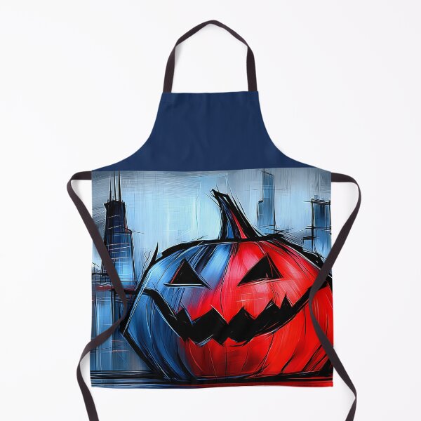 Item preview, Menacing Jack O Lantern in Vibrant Red and Blue Against a Modern City Skyline for Halloween Night designed and sold by OlfactoART Studio.