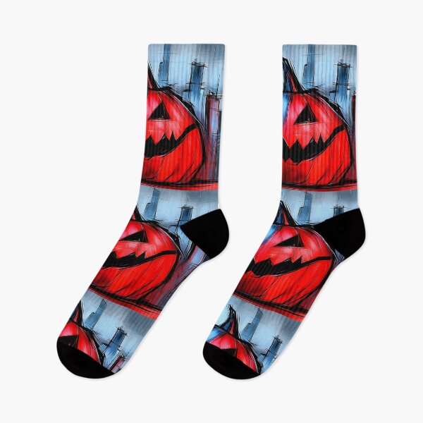 Item preview, Menacing Jack O Lantern in Vibrant Red and Blue Against a Modern City Skyline for Halloween Night designed and sold by OlfactoART Studio.