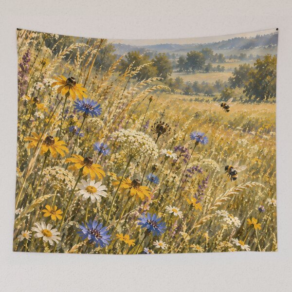 Item preview, Cottagecore Wildflower Meadow Oil Painting Bees Summer designed and sold by Jozefin's Studio.