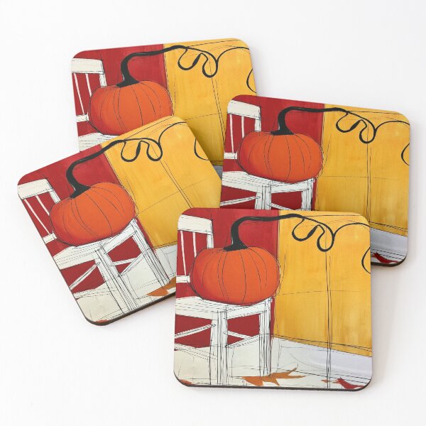 Item preview, Vibrant Fall Pumpkin on a White Chair with Bold Red and Yellow Walls and Dynamic Autumn Leaves designed and sold by OlfactoART Studio.