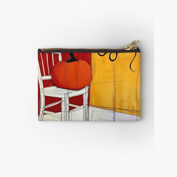 Item preview, Vibrant Fall Pumpkin on a White Chair with Bold Red and Yellow Walls and Dynamic Autumn Leaves designed and sold by OlfactoART Studio.