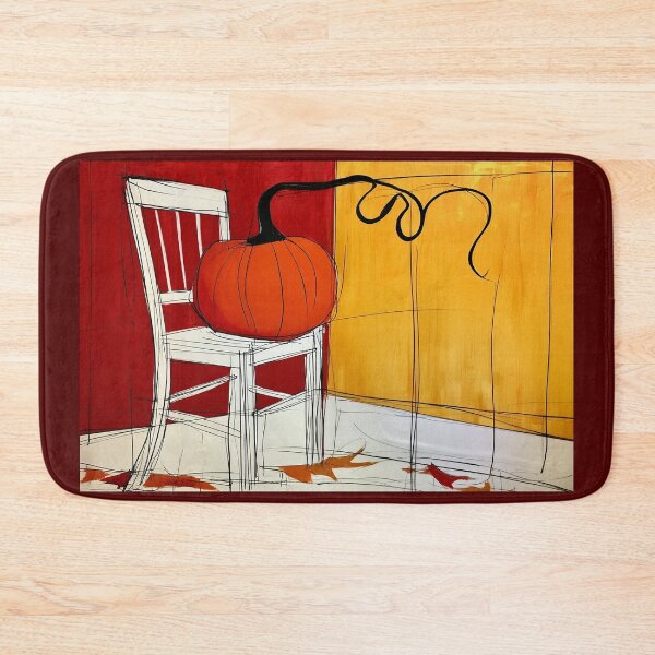 Item preview, Vibrant Fall Pumpkin on a White Chair with Bold Red and Yellow Walls and Dynamic Autumn Leaves designed and sold by OlfactoART Studio.