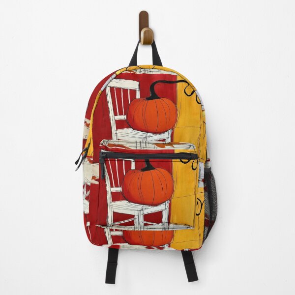 Item preview, Vibrant Fall Pumpkin on a White Chair with Bold Red and Yellow Walls and Dynamic Autumn Leaves designed and sold by OlfactoART Studio.
